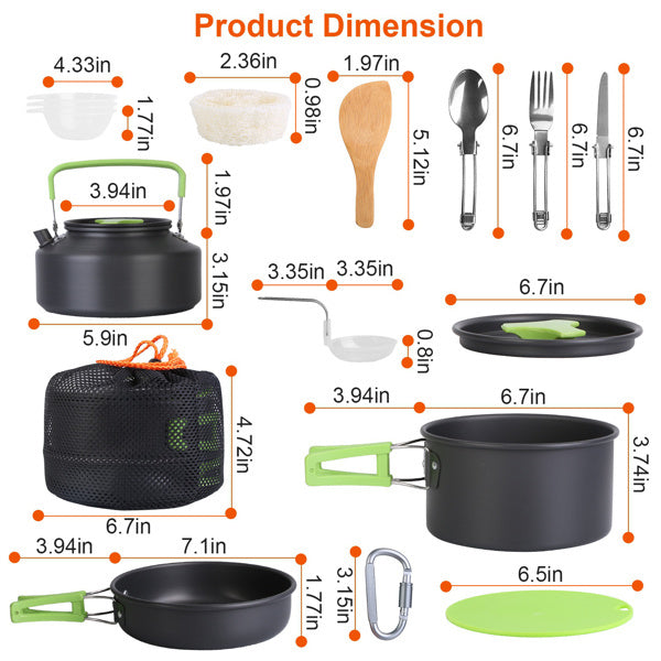 Shopi Vella campfire cookware set for hiking with kettle, pots, pan, utensils, and carrying mesh bag