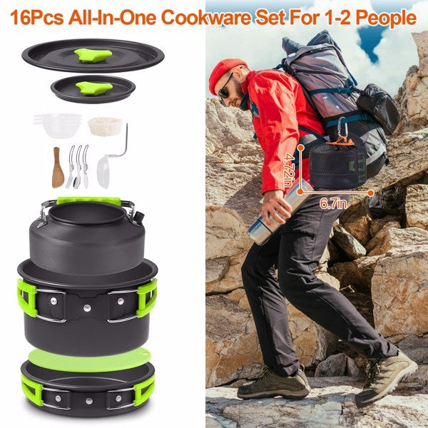 Shopi Vella campfire cookware set for hiking 16-piece all-in-one compact cooking gear for 1-2 people