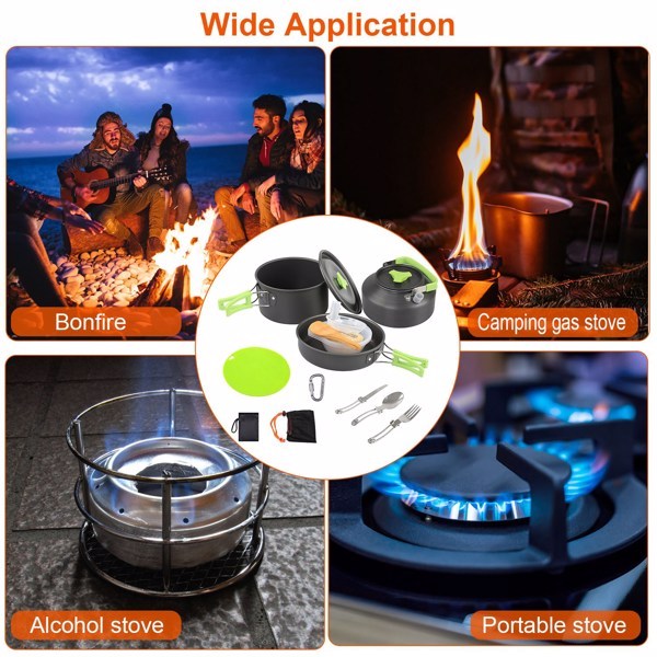 Shopi Vella campfire cookware set for hiking with pots, pans, utensils, and portable cooking stoves for outdoor use
