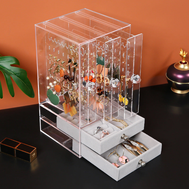 Shopi Vella clear makeup storage box with drawers holding earrings rings and accessories