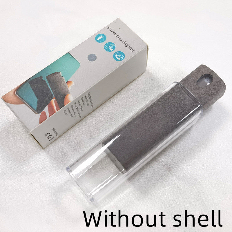 Shopi Vella compact screen cleaner with storage in clear and gray design beside its packaging box