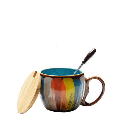 Shopi Vella creative ceramic coffee mug with colorful brushstroke design and wooden lid with spoon