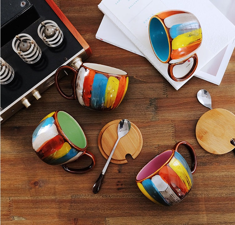 Shopi Vella creative ceramic coffee mug set with colorful brushstroke design and varied interior colors