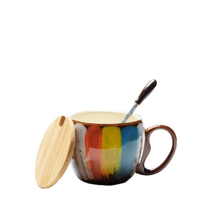 Shopi Vella creative ceramic coffee mug with multicolor stripes and wooden lid with spoon