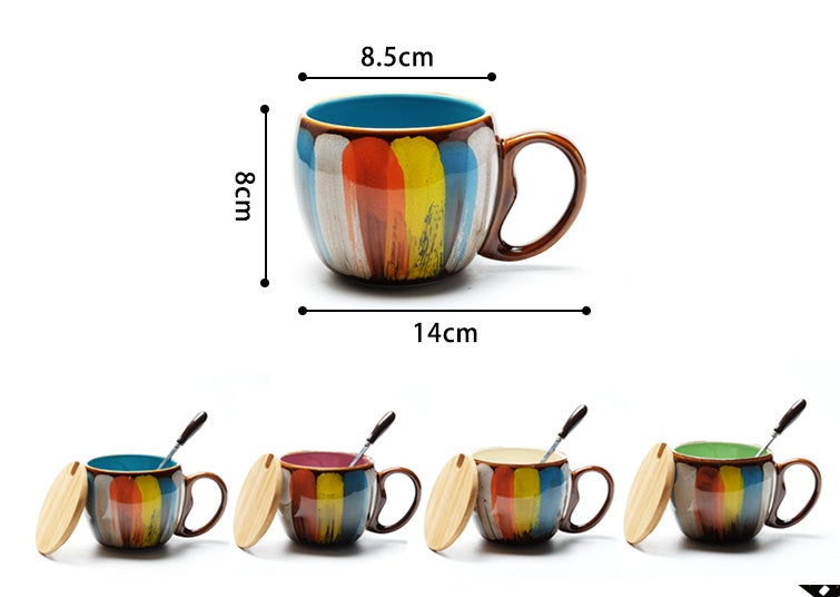 Shopi Vella creative ceramic coffee mug with colorful stripes and wooden lid available in multiple colors