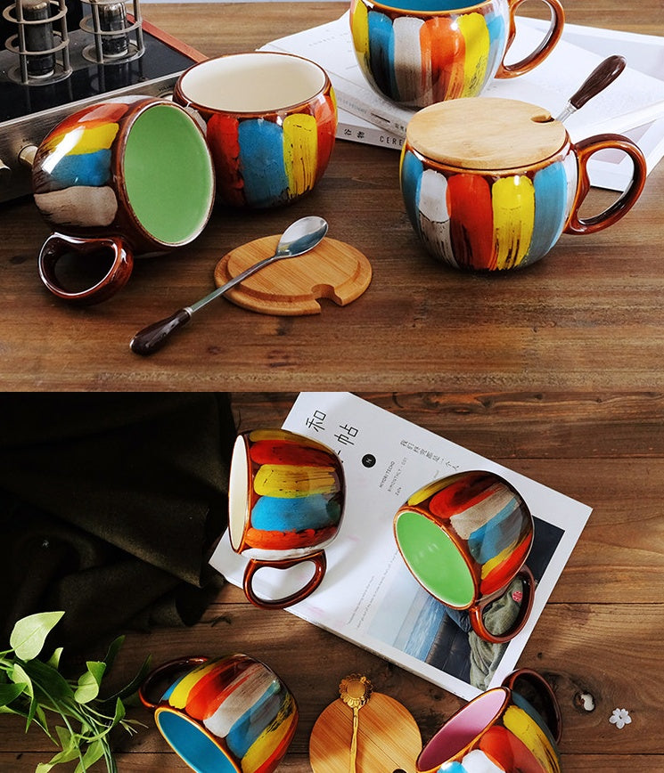 Shopi Vella creative ceramic coffee mug set with colorful striped design, wooden lids, and spoons