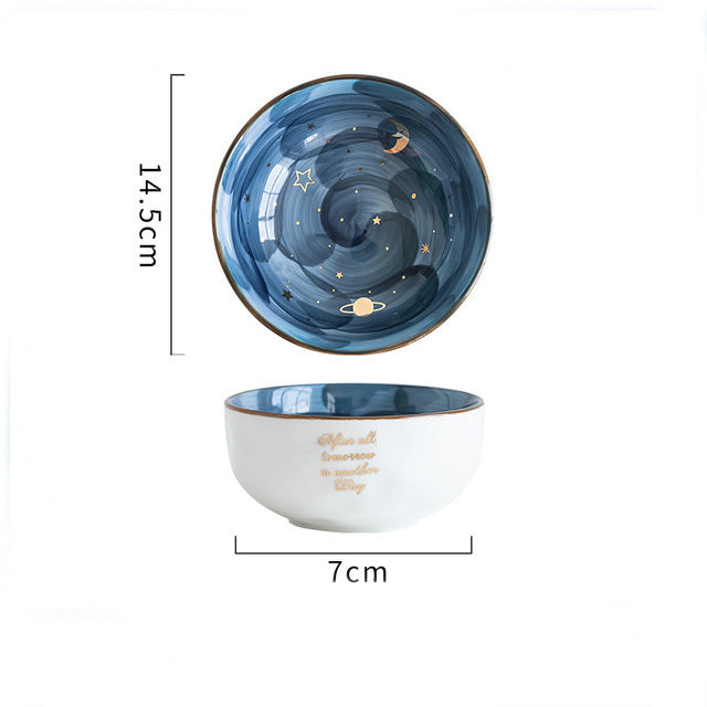 Shopi Vella cute ceramic breakfast bowl with blue galaxy design and gold lettering kitchen storage