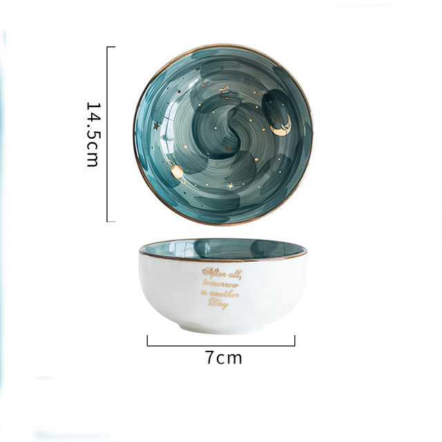 Cute ceramic breakfast bowl with celestial star and moon design and gold rim by Shopi Vella
