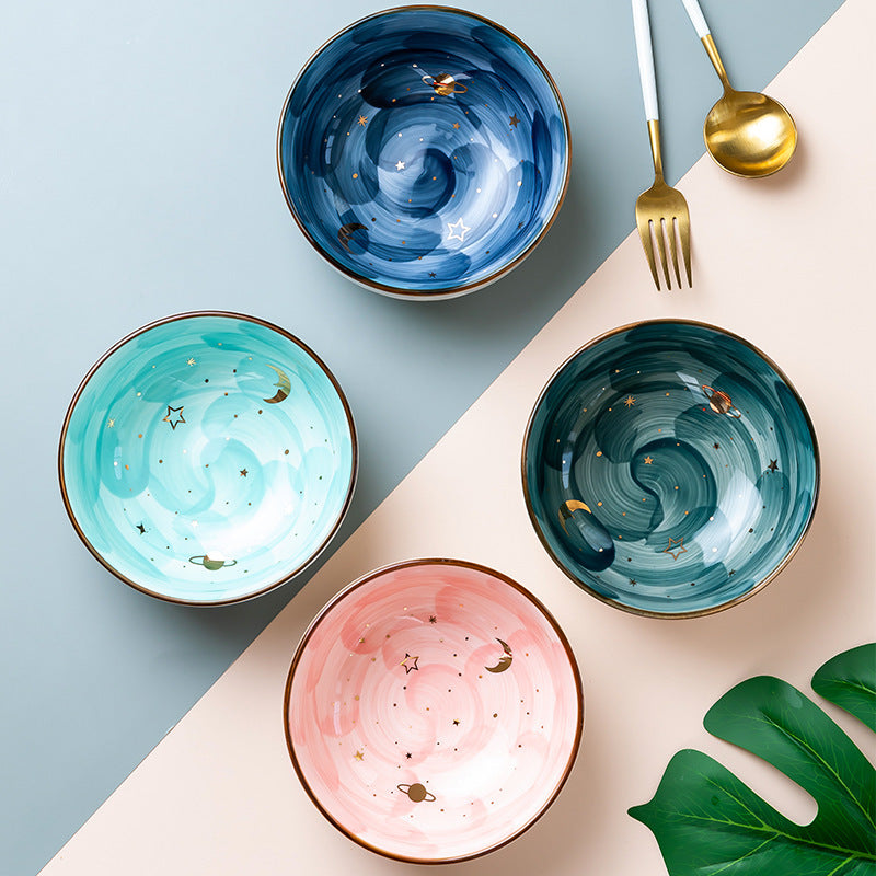 Shopi Vella cute ceramic breakfast bowl set with star and planet designs in blue, green, teal, and pink
