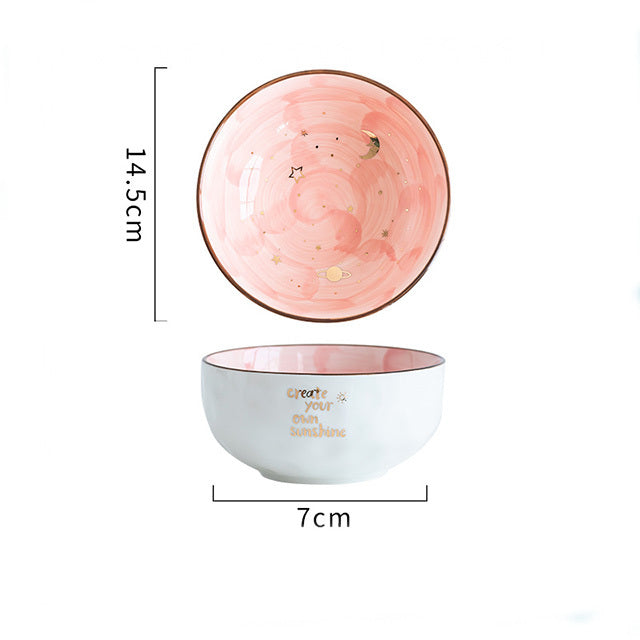 Shopi Vella cute ceramic breakfast bowl in pink with gold stars and moon design measuring 14.5cm by 7cm