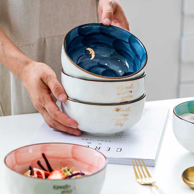 Shopi Vella cute ceramic breakfast bowl set with celestial design and gold lettering for kitchen storage