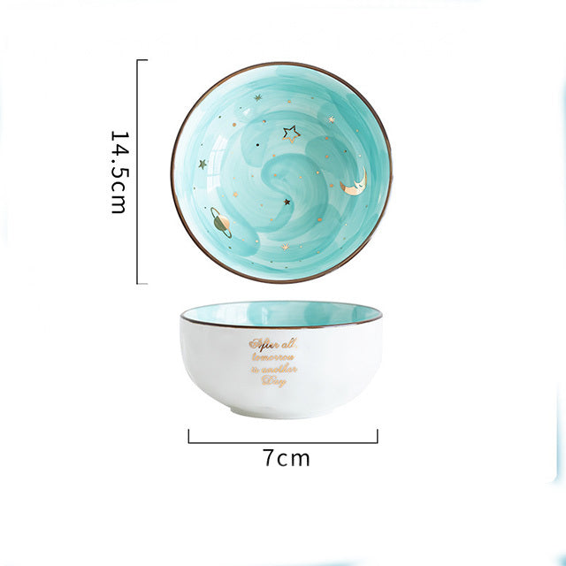 Shopi Vella cute ceramic breakfast bowl with blue star and moon design and gold rim for kitchen storage