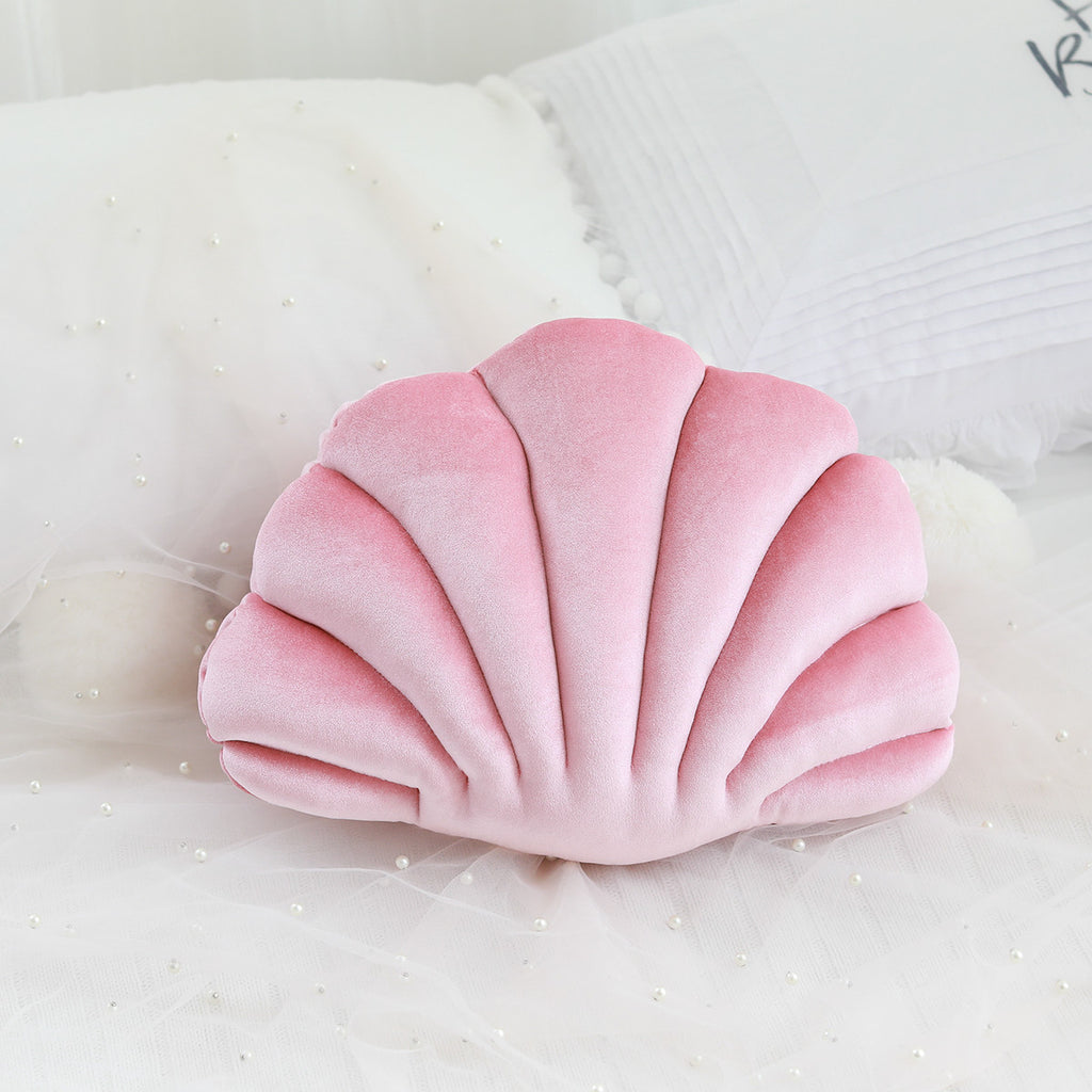 Shopi Vella cute shell nap pillow for kids in soft pink velvet pillow case on white bedding