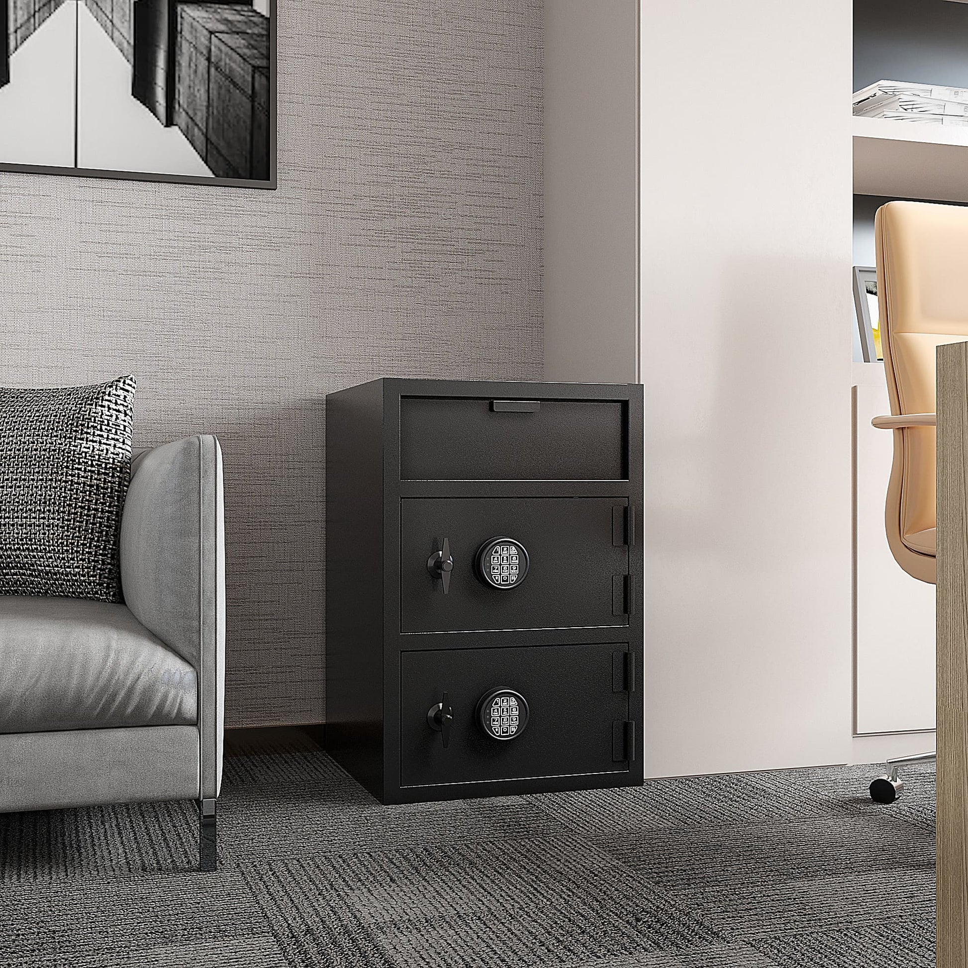 Shopi Vella electronic code lock safe for office with dual secure compartments in modern office setting