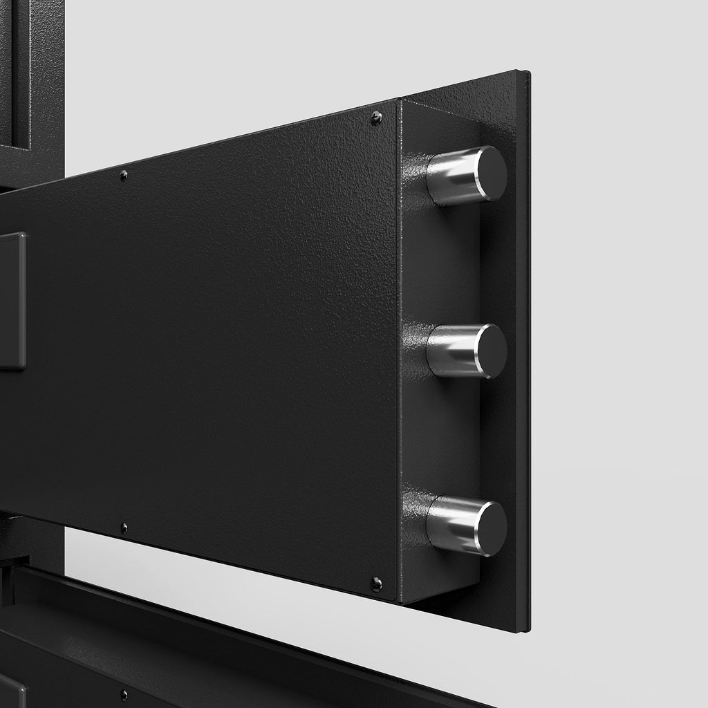 Close-up of black electronic code lock safe for office showing locking bolts and metal door
