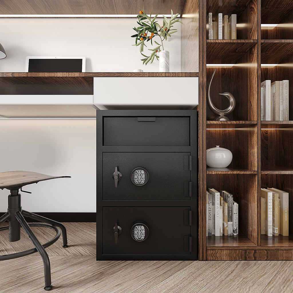 Shopi Vella electronic code lock safe for office placed under a desk near wooden shelves