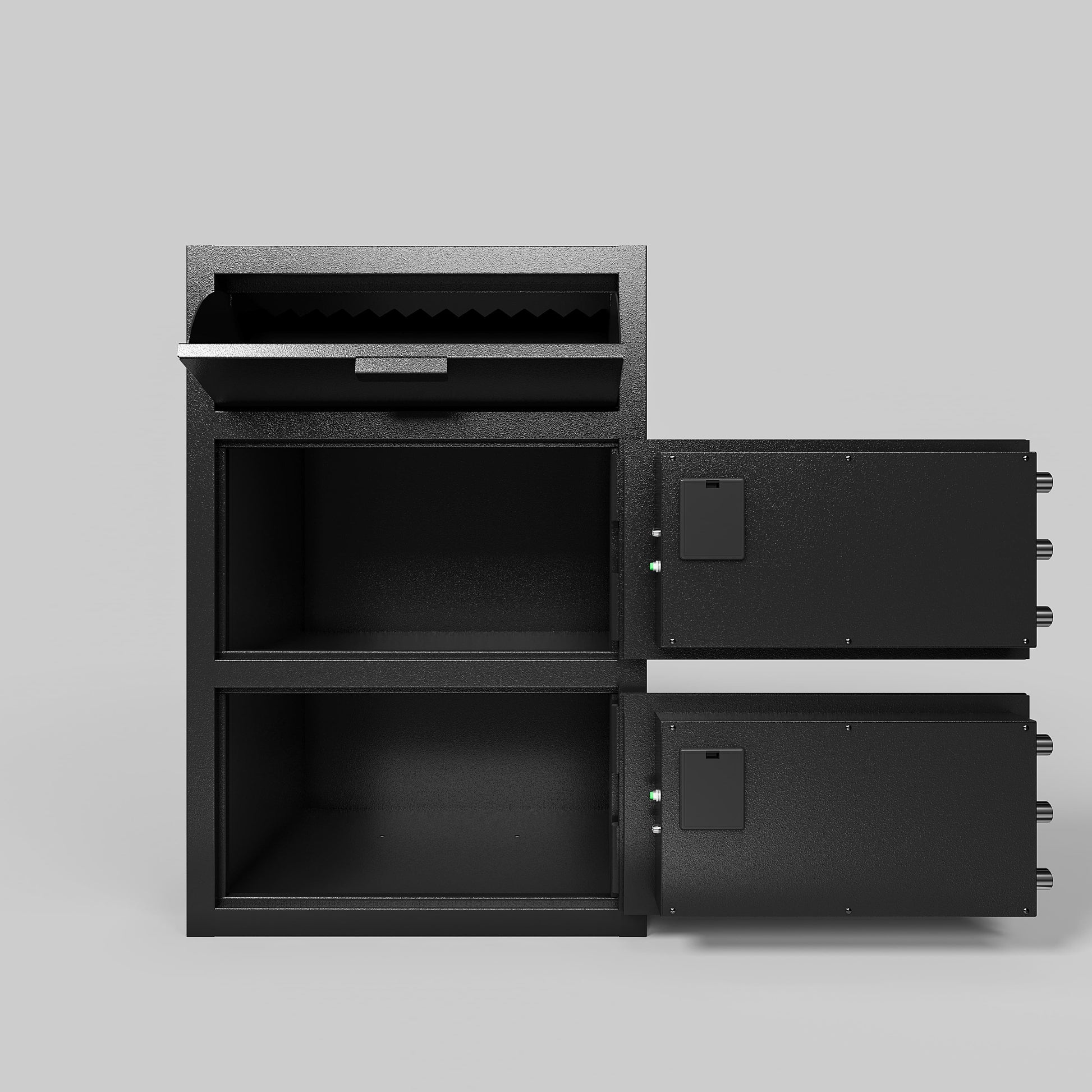 Shopi Vella black electronic code lock safe for office with two compartments and open doors
