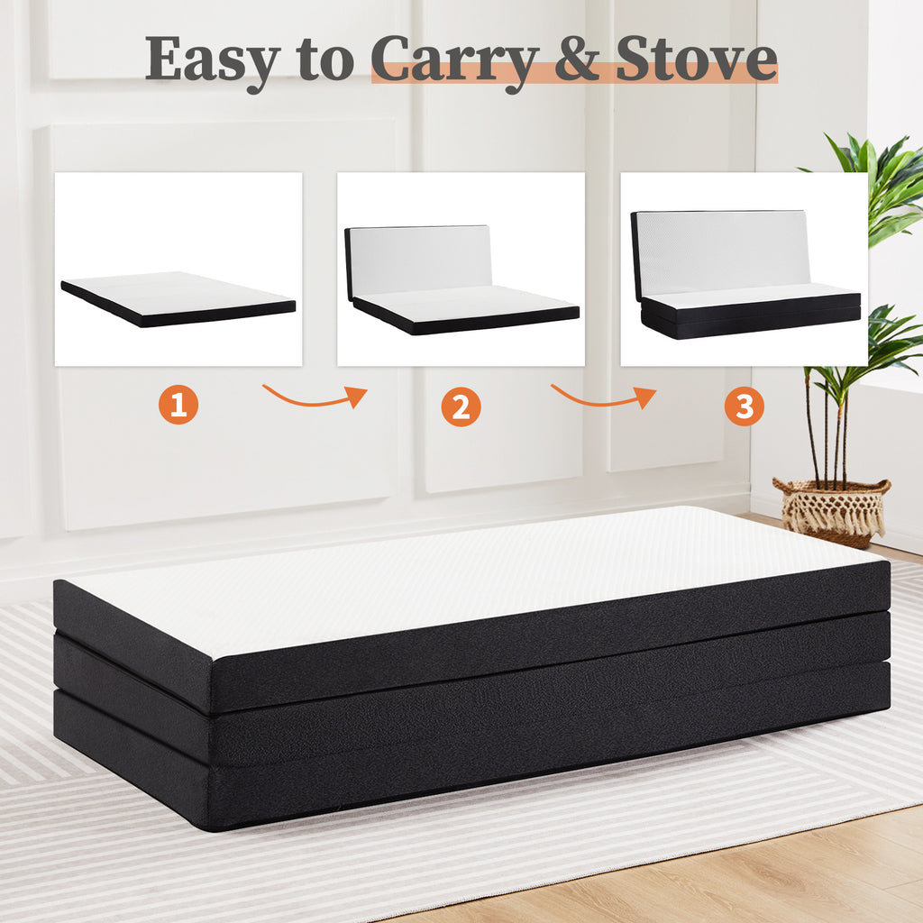 Shopi Vella foldable guest bed pad in black and white showing easy fold and carry steps