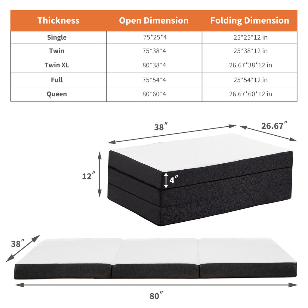 Shopi Vella foldable guest bed pad showing dimensions and foldable design in black and white
