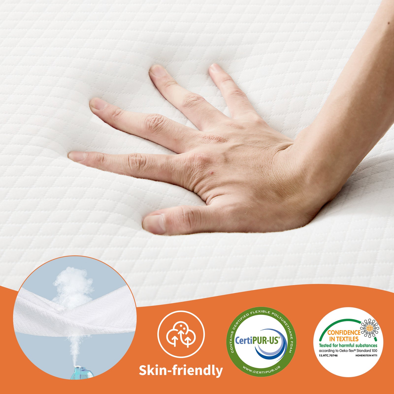 Hand pressing soft white quilted foldable guest bed pad by Shopi Vella with skin-friendly certification