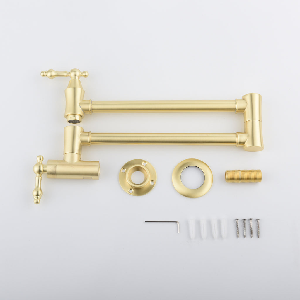 Shopi Vella brass folding kitchen faucet with mounting hardware and screws for home storage solutions