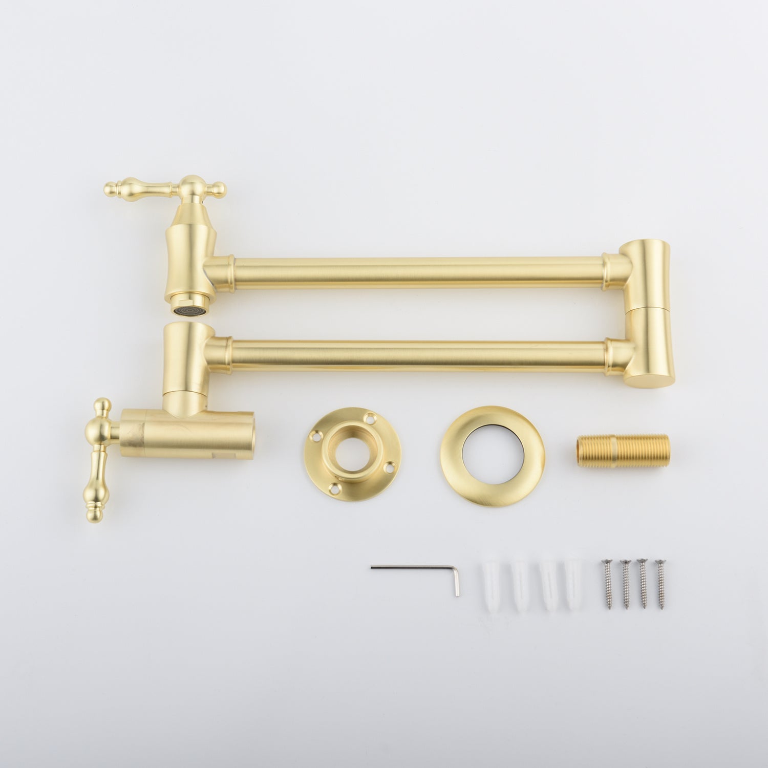 Shopi Vella brass folding kitchen faucet with mounting hardware and screws for home storage solutions