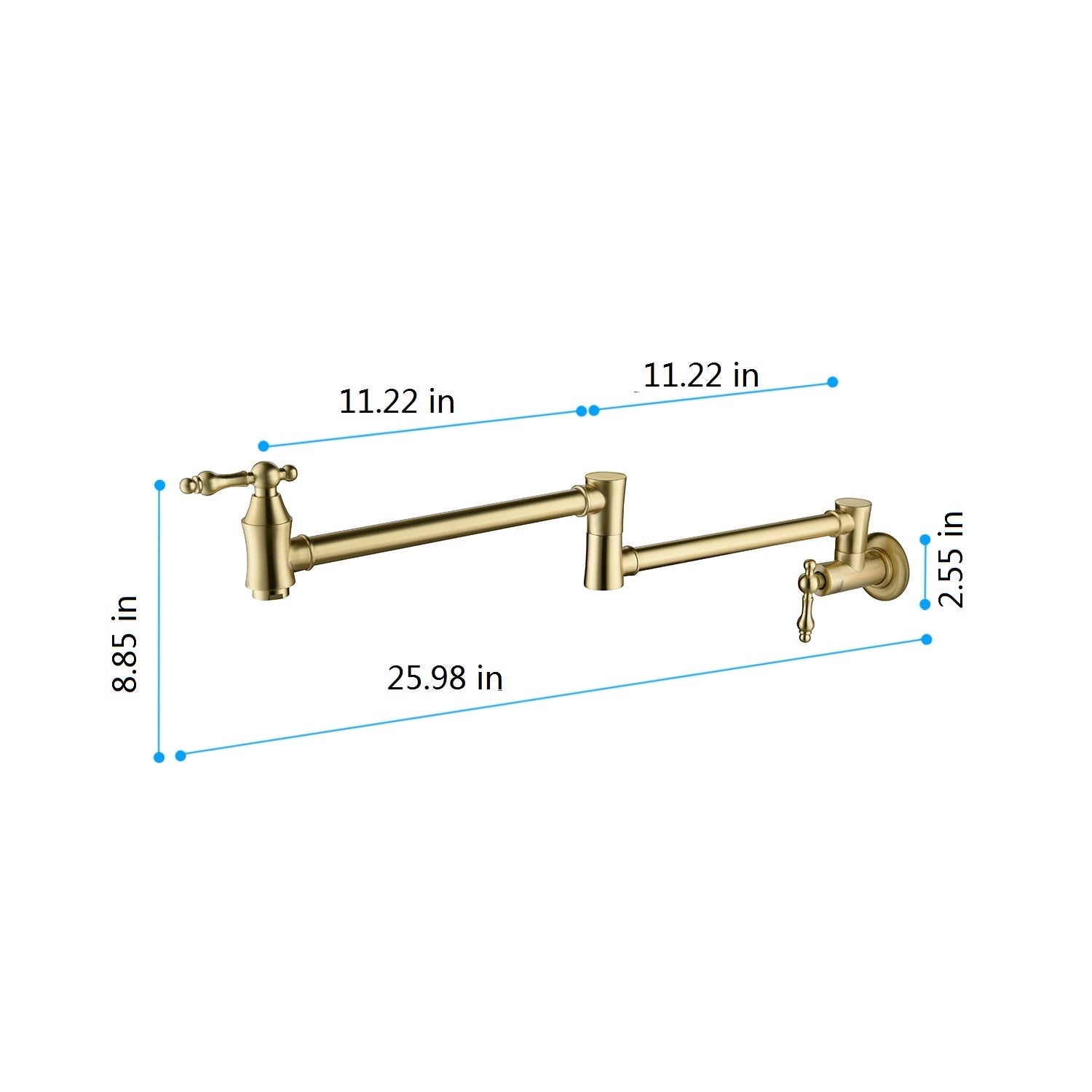 Shopi Vella folding kitchen faucet in brass finish with detailed dimensions for home storage