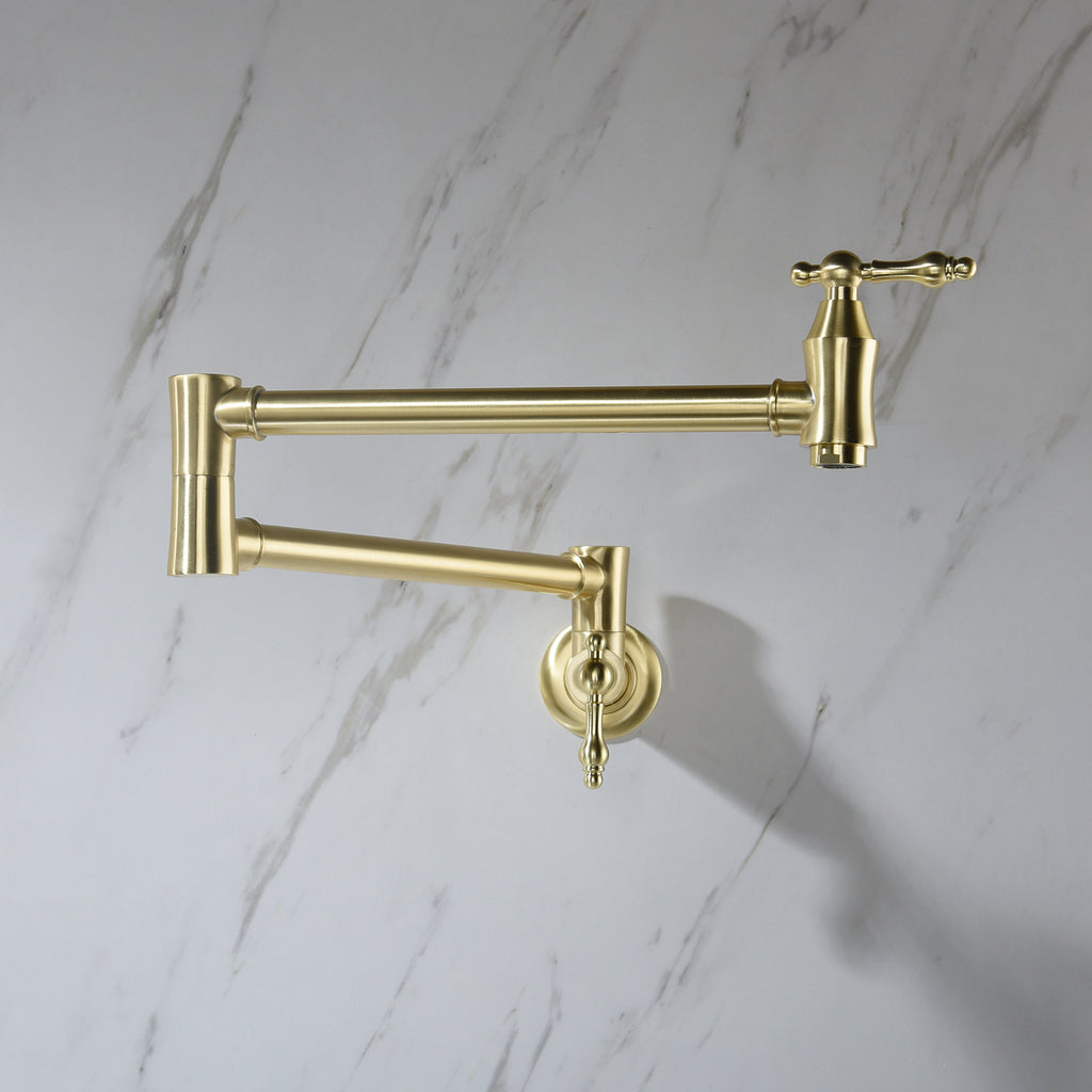 Shopi Vella brass folding kitchen faucet mounted on marble wall for space-saving home storage