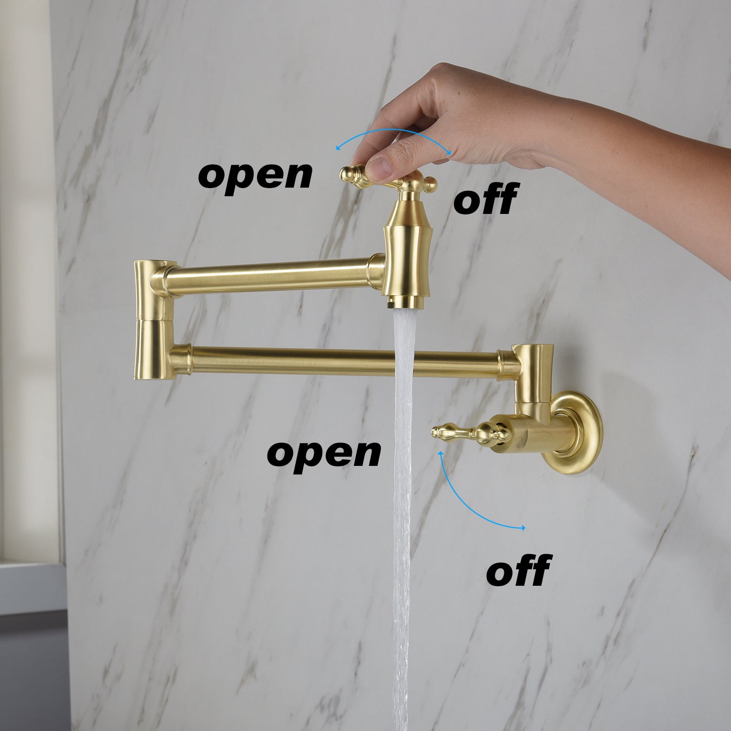 Shopi Vella folding kitchen faucet in gold finish showing water flow and open off controls