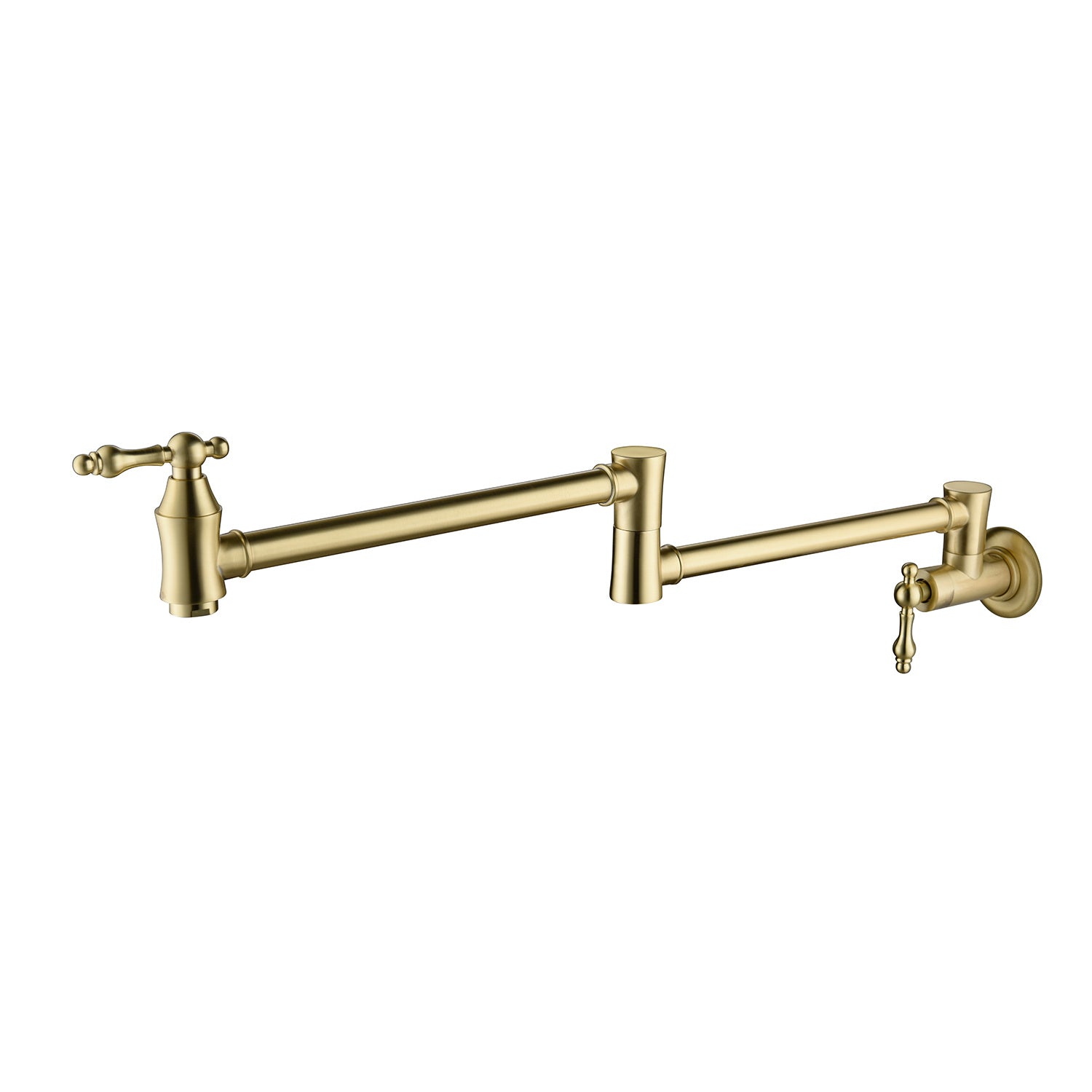 Shopi Vella brass folding kitchen faucet with dual extension arms for space-saving home storage