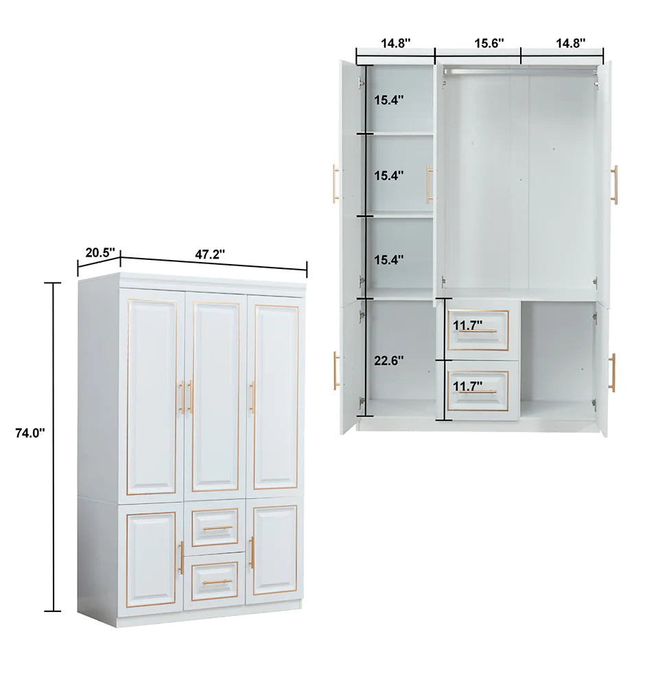 White freestanding clothes storage cabinet with multiple shelves drawers and gold handles