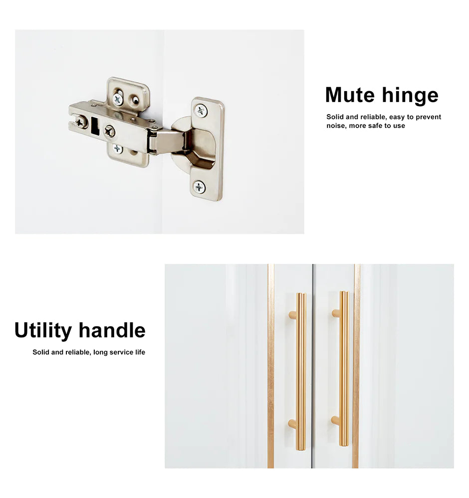 Mute hinge and gold utility handles on white freestanding clothes storage cabinet for durable use