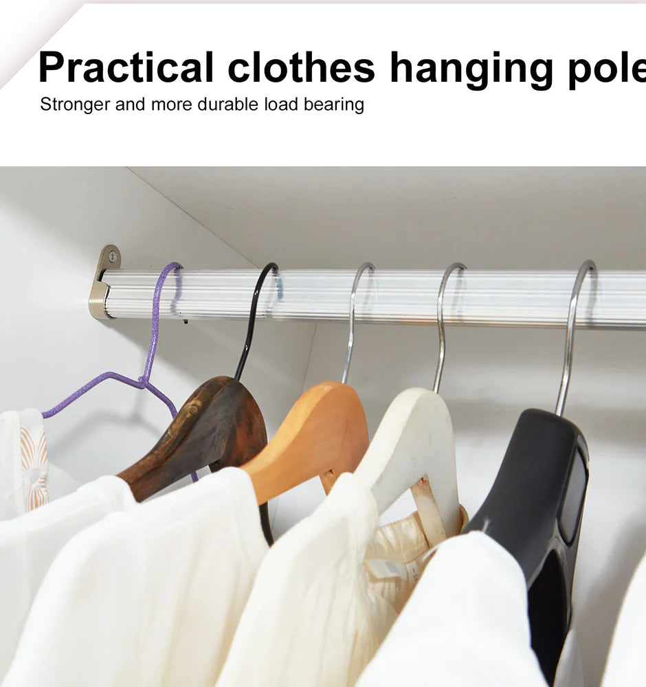 Practical clothes hanging pole inside freestanding clothes storage cabinet with various hangers and clothing