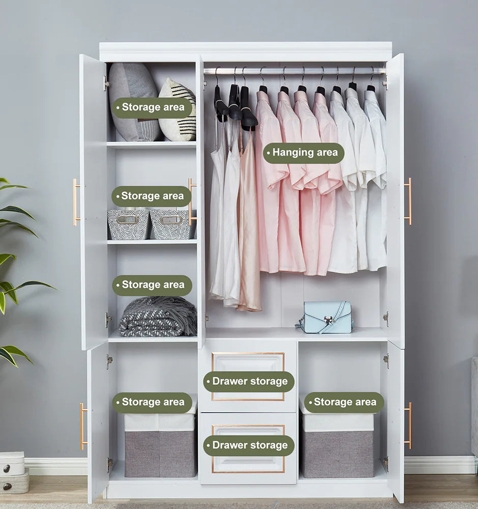 White freestanding clothes storage cabinet with hanging area, multiple storage shelves, and drawer storage compartments