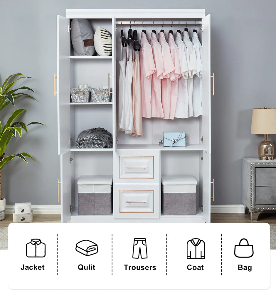 White freestanding clothes storage cabinet with hanging clothes, drawers, and shelves for organized wardrobe