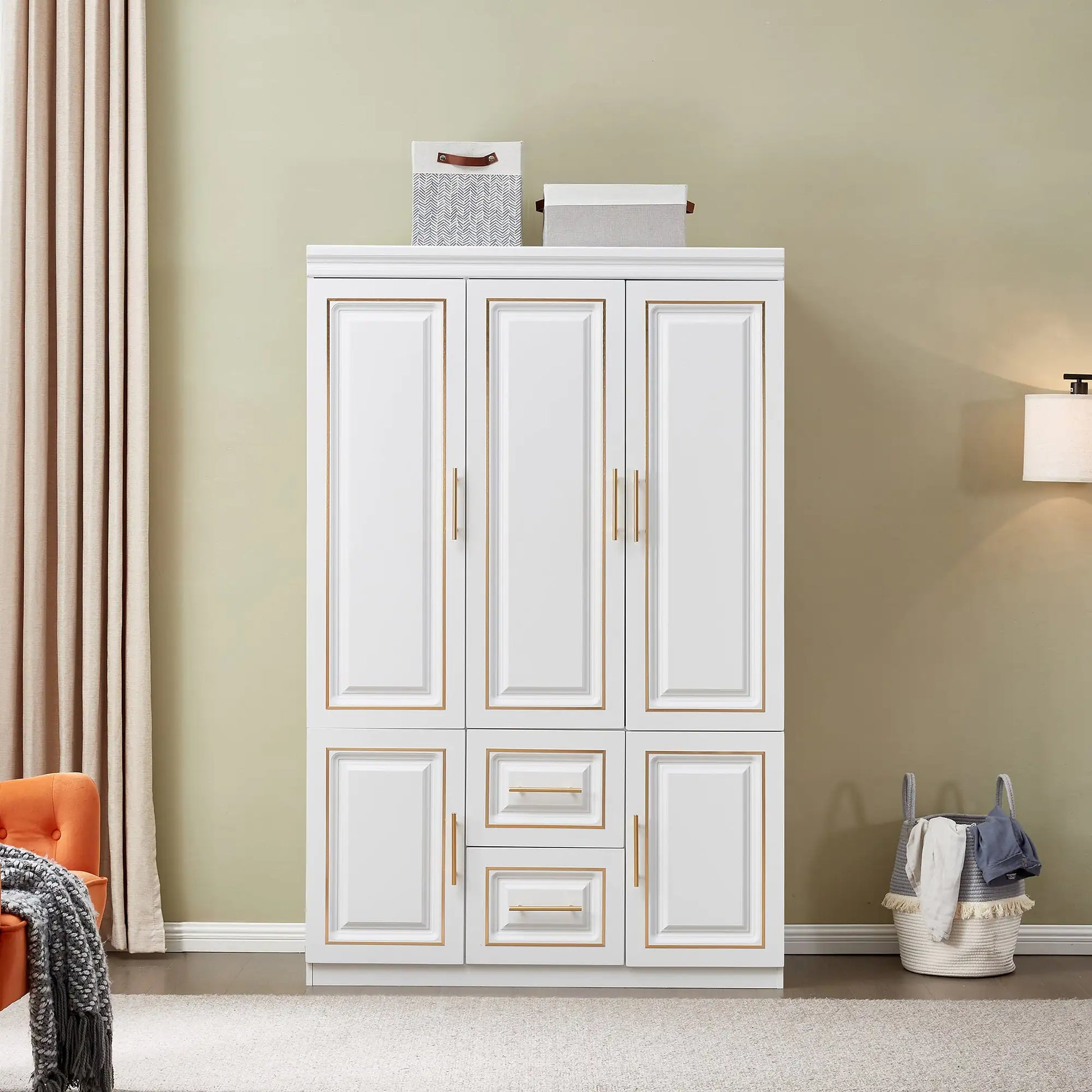 White freestanding clothes storage cabinet with multiple doors and drawers in a living room