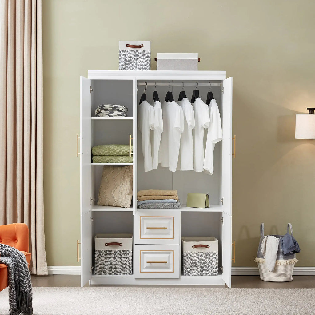 White freestanding clothes storage cabinet with hanging rod, shelves, drawers, and storage bins