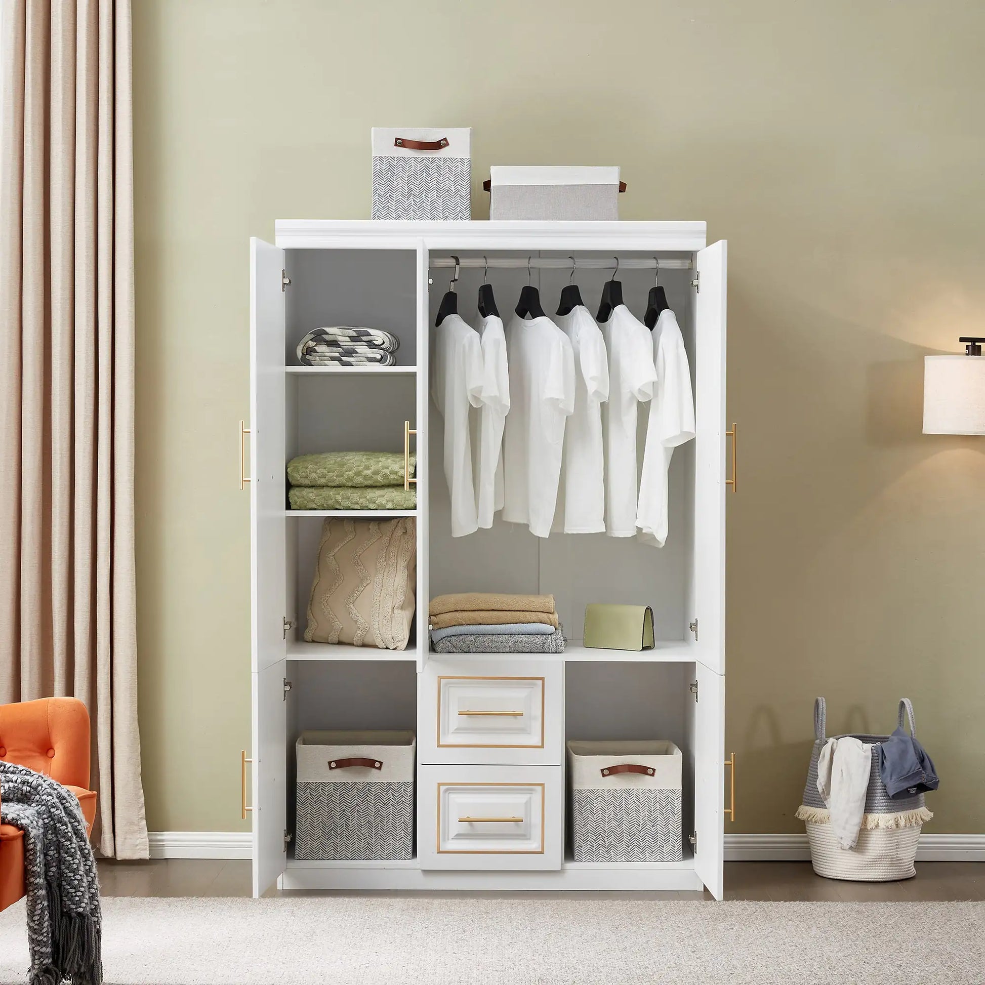 White freestanding clothes storage cabinet with hanging rod, shelves, drawers, and storage bins