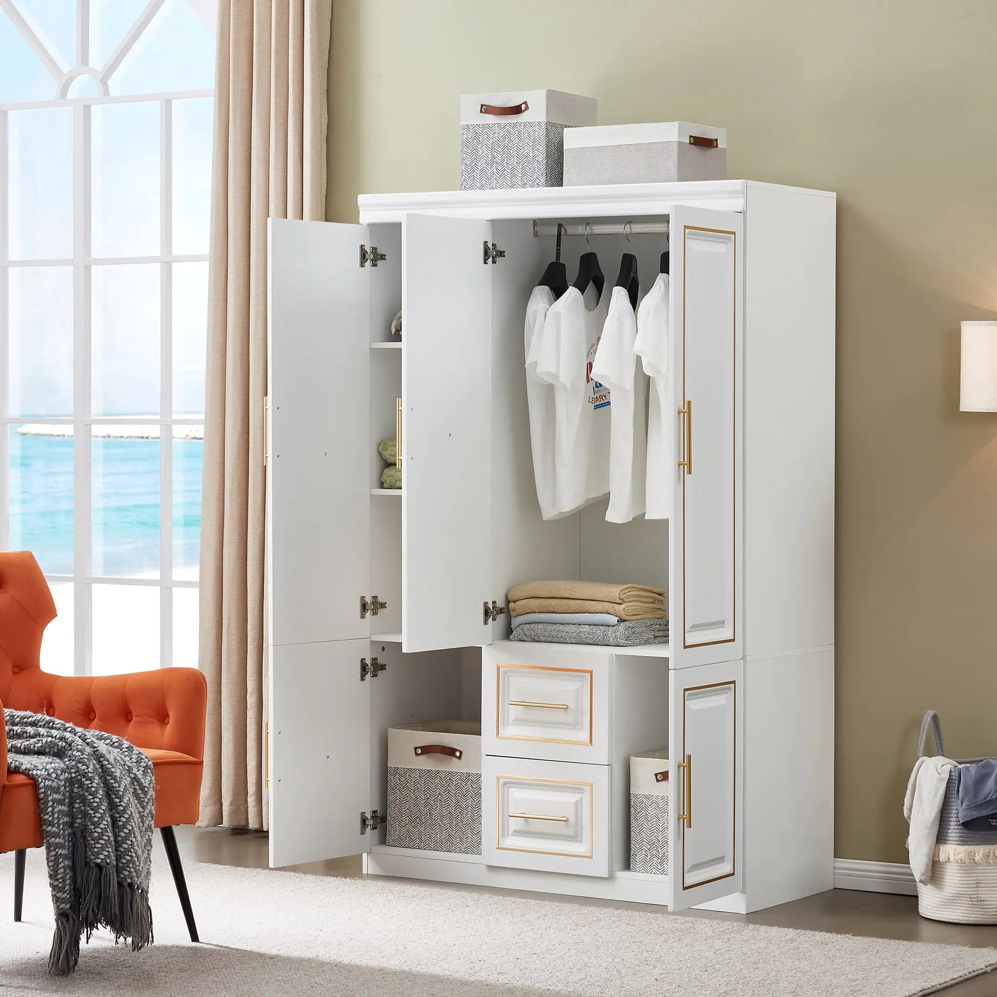 White freestanding clothes storage cabinet with multiple doors, hanging rod, drawers, and storage boxes