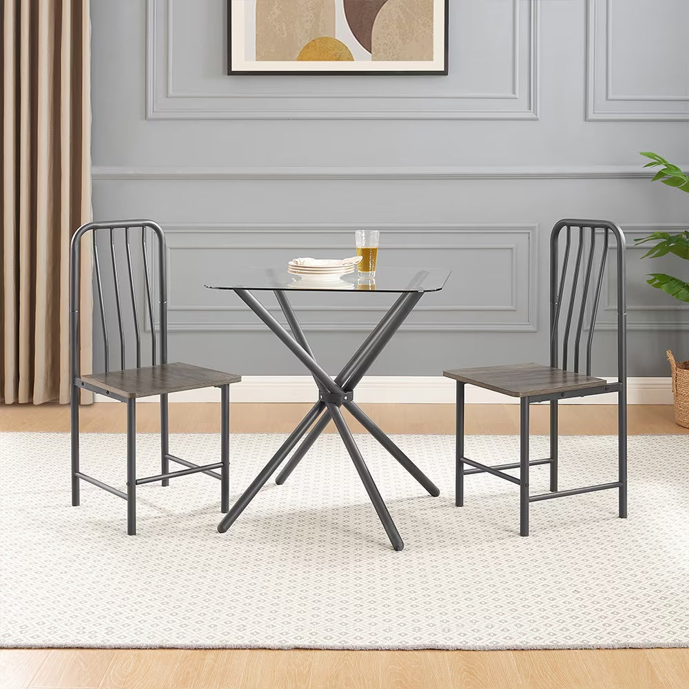 Shopi Vella glass dining set for 2 with metal frame chairs and modern glass top table