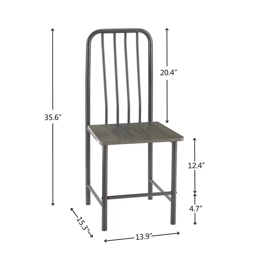 Metal framed dining chair with wooden seat showing dimensions for glass dining set for 2