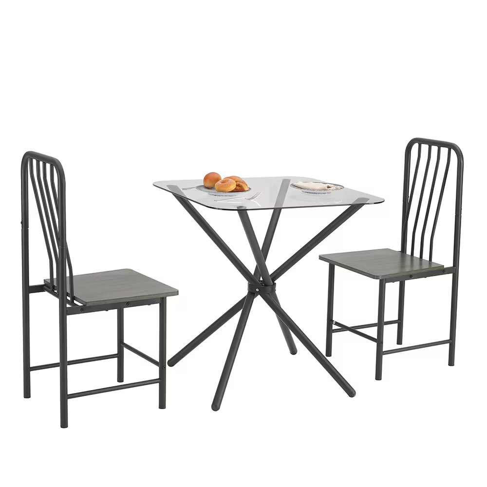 Shopi Vella glass dining set for 2 with black metal frame and square glass tabletop