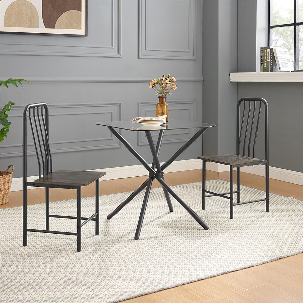 Shopi Vella glass dining set for 2 with black metal frame and wooden seats in modern room