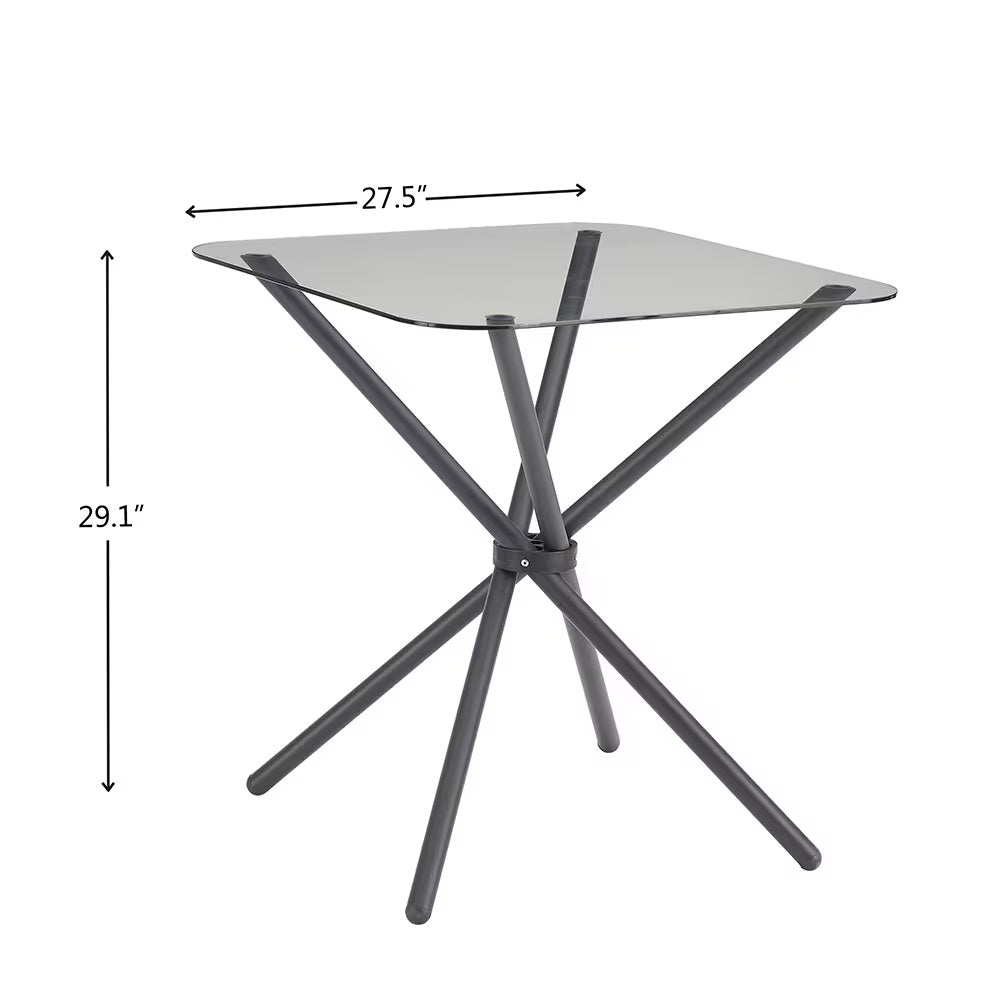 Shopi Vella glass dining set for 2 with square glass top and black metal legs measuring 27.5 by 29.1 inches