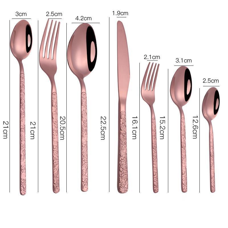 Shopi Vella gold cutlery set for dinner parties with measuring dimensions for each piece