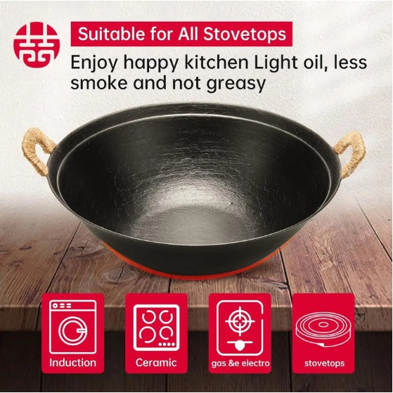 Shopi Vella handmade cast iron wok pan with rope handles suitable for all stovetops including induction and ceramic