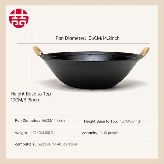 Handmade cast iron wok pan with wooden handles 14.2 inch diameter and 3.9 inch height for stovetop cooking