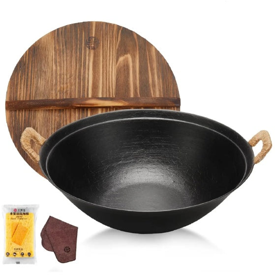 Shopi Vella handmade cast iron wok pan with rope handles and wooden lid cooking tool set