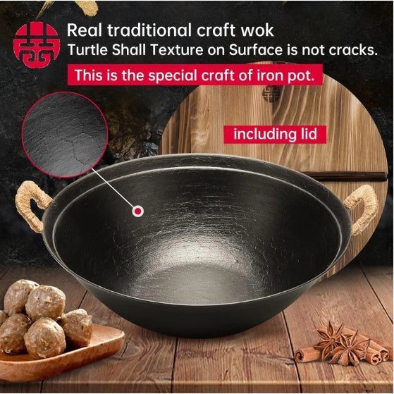 Shopi Vella handmade cast iron wok pan with turtle shell texture and included lid for traditional cooking