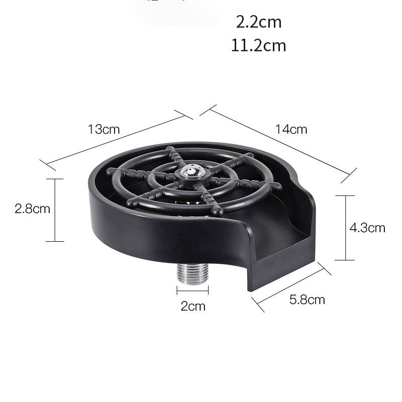 Shopi Vella high pressure cup washer for sink with detailed measurements in black plastic